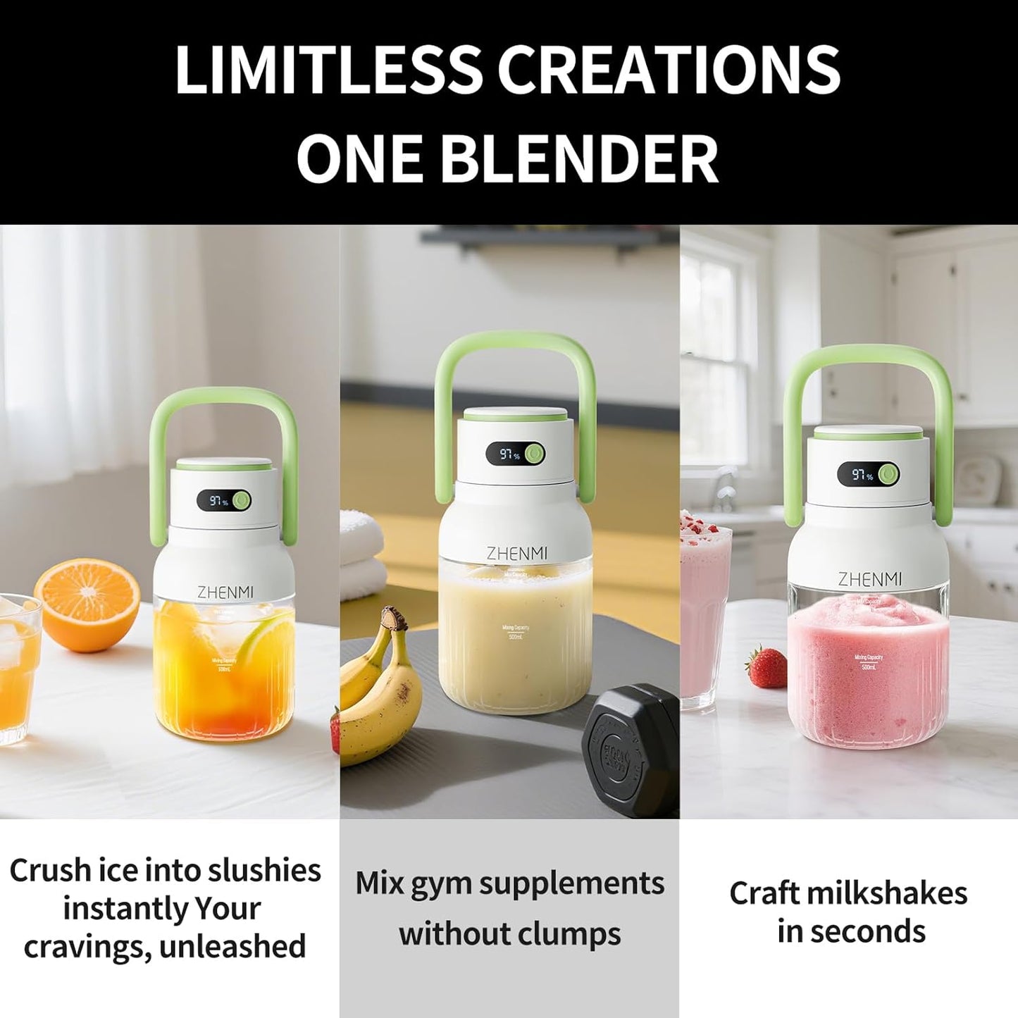 Portable Blender, 1000ml Capacity, Stainless Steel 12-Blade System, Portable Ice Crushing Juicer-for Shakes & Smoothies, BPA Free, 2 Leakproof-Lids & Straw, USB Rechargeable (green)
