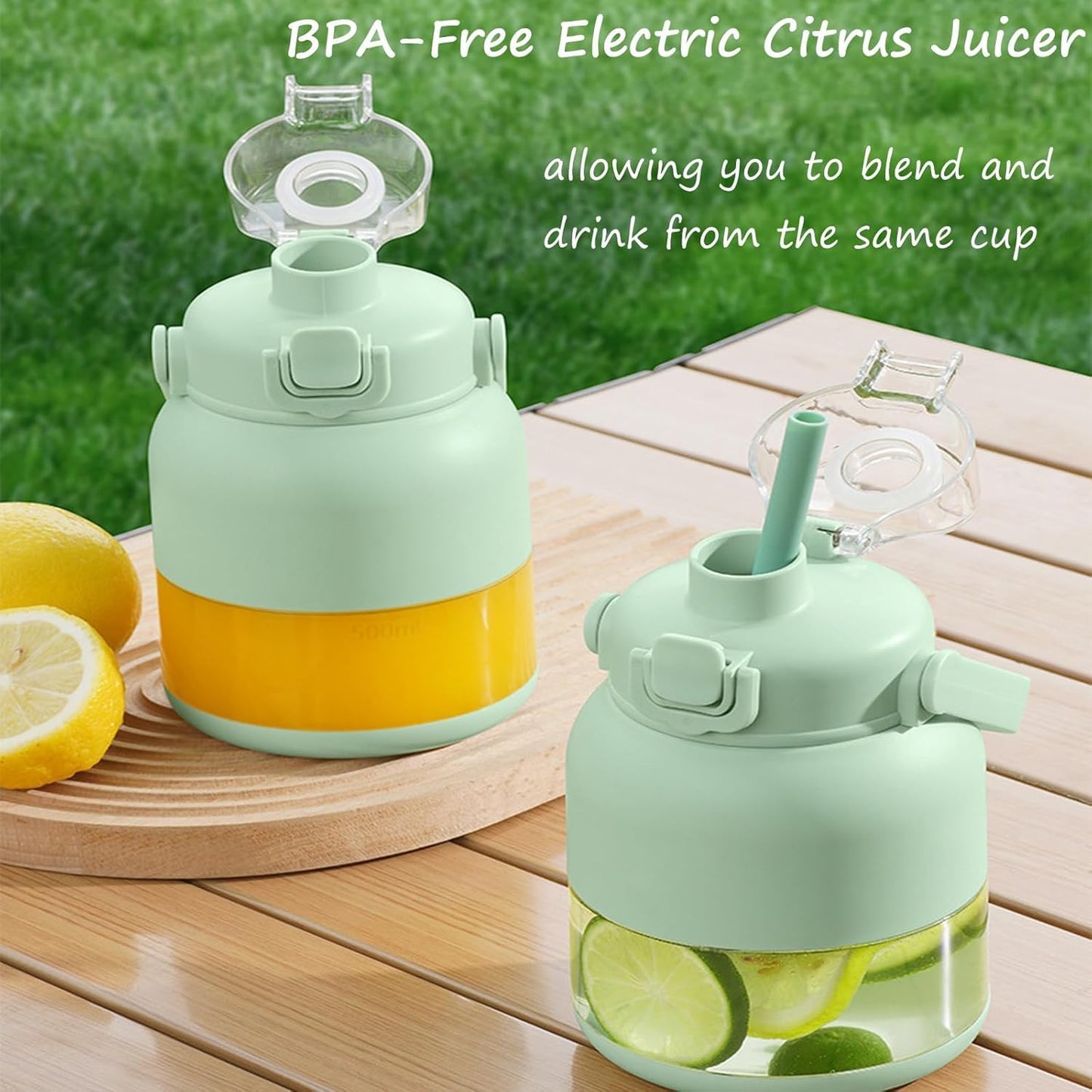Zestora Juicygo Mini Juicer, BPA-Free Electric Citrus Juicer 17 oz, Wireless Portable USB Charging Juice Machine, with Straw, Two Lids, for Smoothies, Shakes, Food Prep & Frozen Blending (green*1)