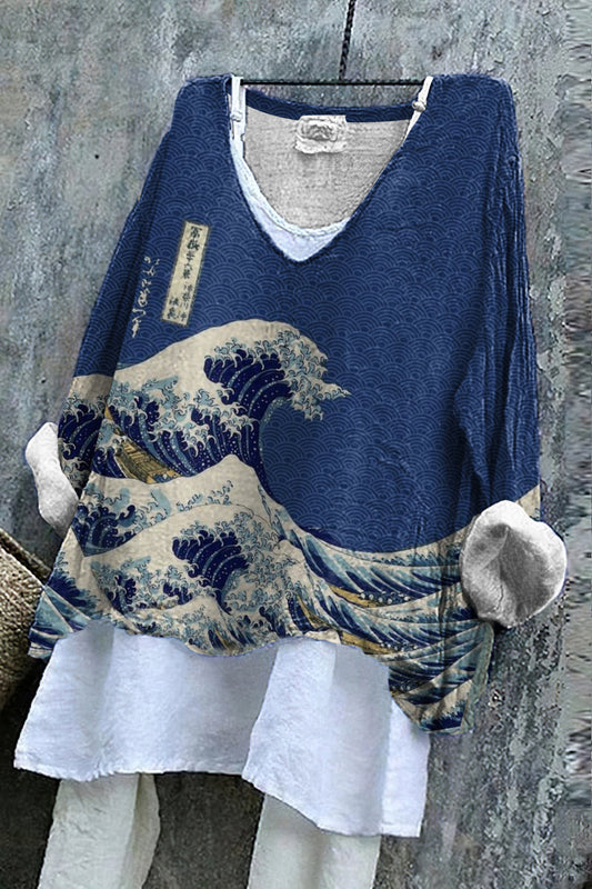 Vintage Japanese Art  V Neck Casual Shirt